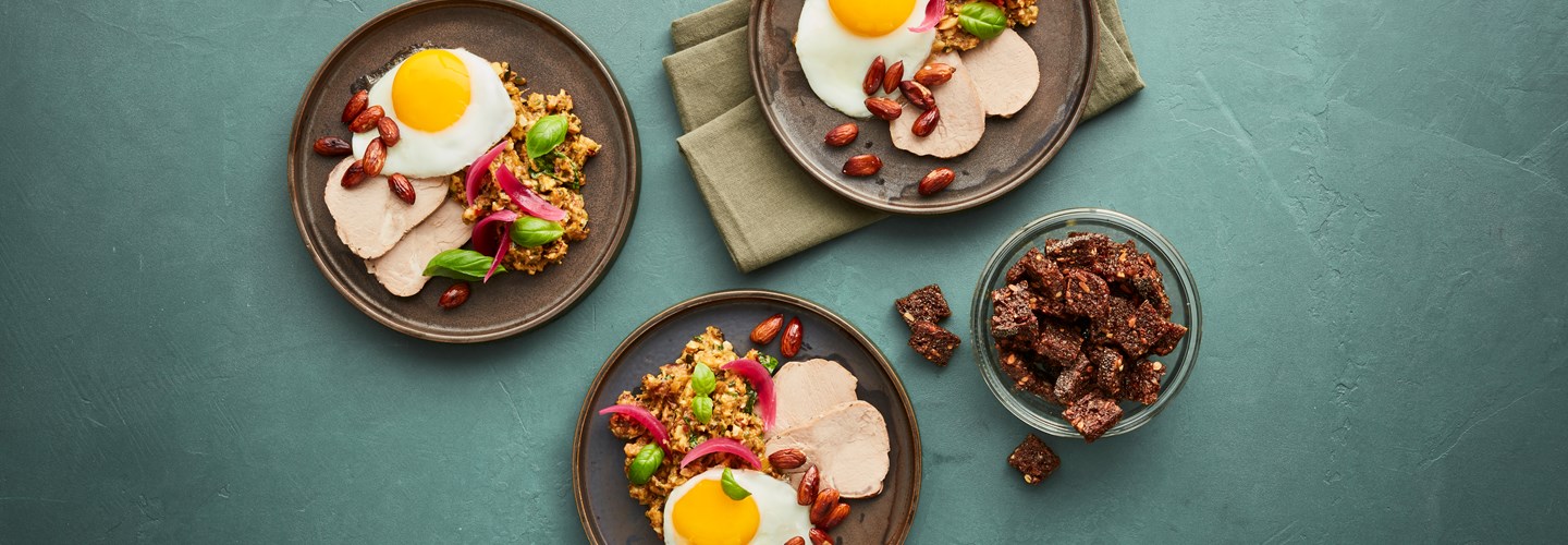 Baba Ganoush Med Spejlæg, Urter Sous Vide Svineemørbrad (1)